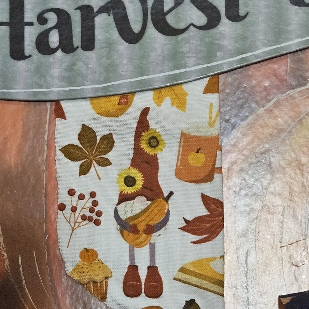 Hand Crafted handmade holiday wreath Harvest Blessings Gnome fabric plaid ribbon